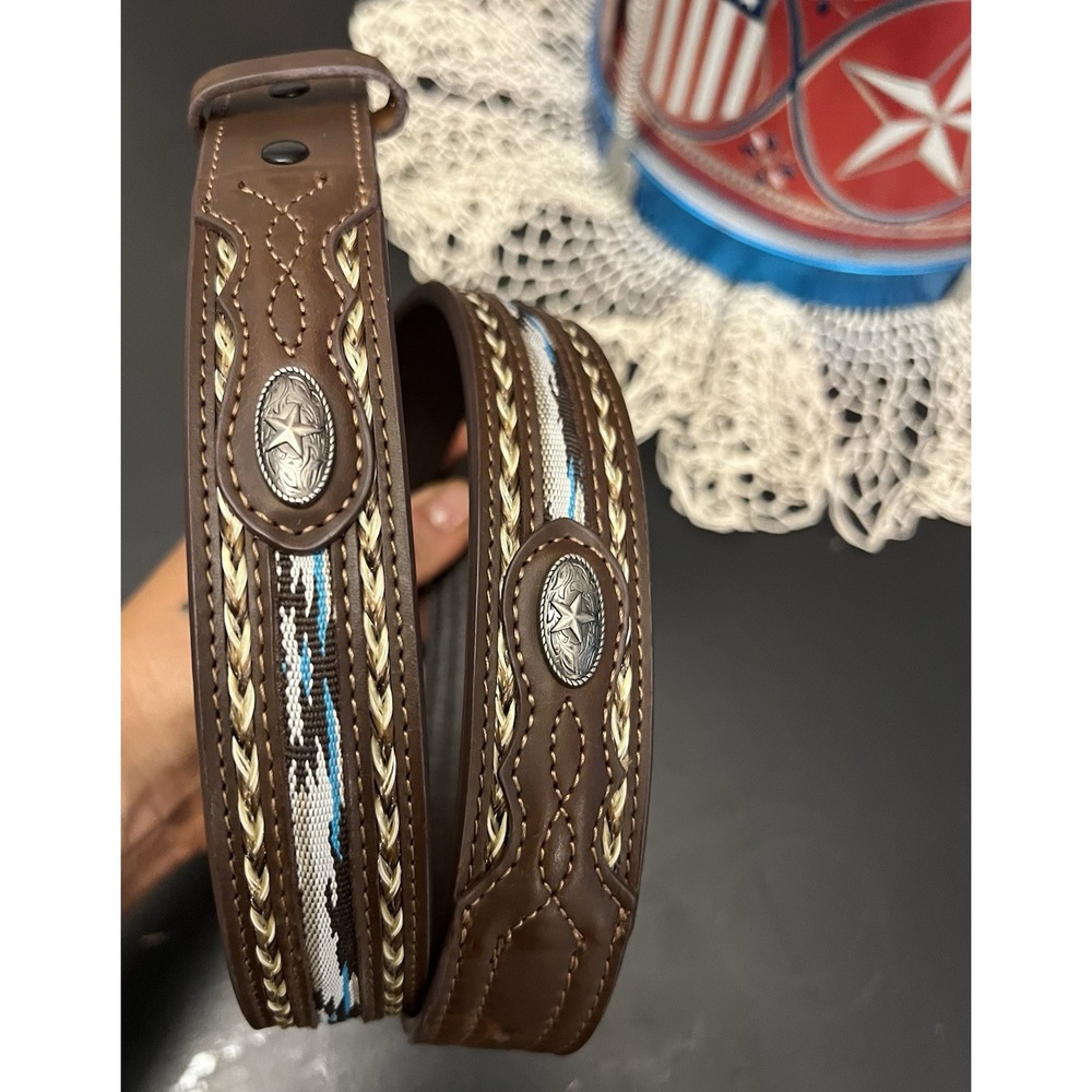 Cody James Brown Leather Belt Southwestern Blue Inlay Mens Sz 28 Rodeo Western